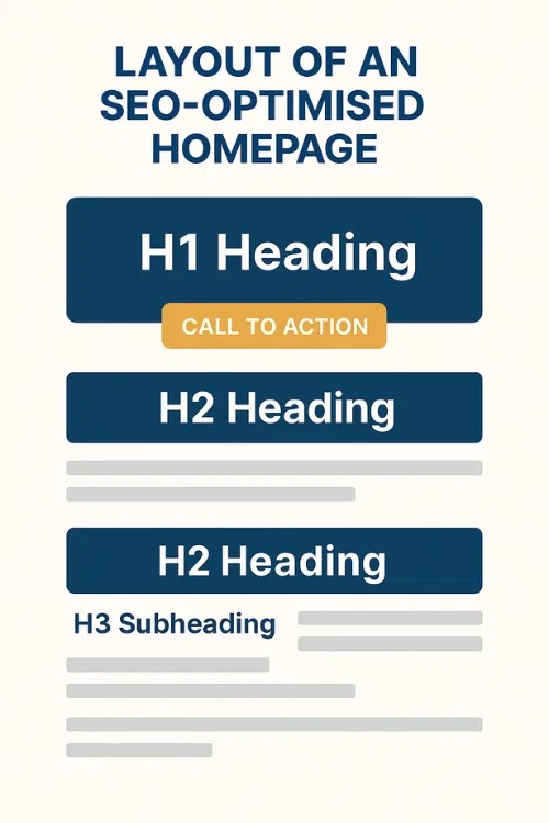 Infographic showing an SEO-optimised homepage layout using H1, H2, H3 headings, text blocks, and a call-to-action.