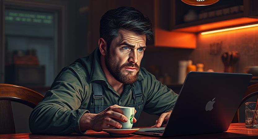 Builder staring intently at mlaptop with brew in hand