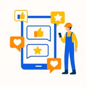 Construction worker in orange helmet and blue overalls using a smartphone beside a giant phone screen filled with thumbs up, stars, and hearts — illustrating TradePosts social media engagement for builders.