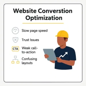 Infographic showing website conversion issues including slow page speed, trust concerns, weak call-to-action, and confusing layouts, with a builder in a navy #14213D T-shirt and yellow helmet holding a tablet on a white background with a grey border