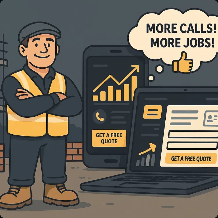 Cartoon-style UK builder in high-vis jacket and flat cap, smiling confidently with arms crossed in front of smartphone and laptop screens showing an optimized construction company website with yellow 'Get a Free Quote' buttons, rising graphs, and enquiry forms, representing website conversion rate optimisation for builders.