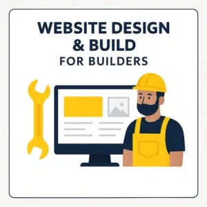 Flat-style infographic showing a construction worker in yellow overalls and hard hat standing next to a large screen displaying a website layout and a gold wrench, representing website design and build services for builders on a white background with grey border.