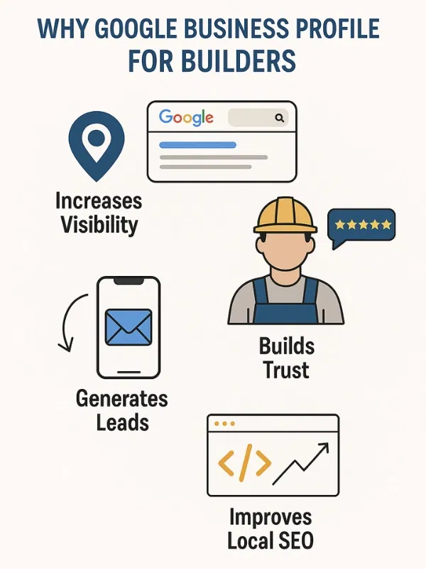 Infographic showing four benefits of Google Business Profile for builders: increases visibility, builds trust, generates leads, and improves local SEO.