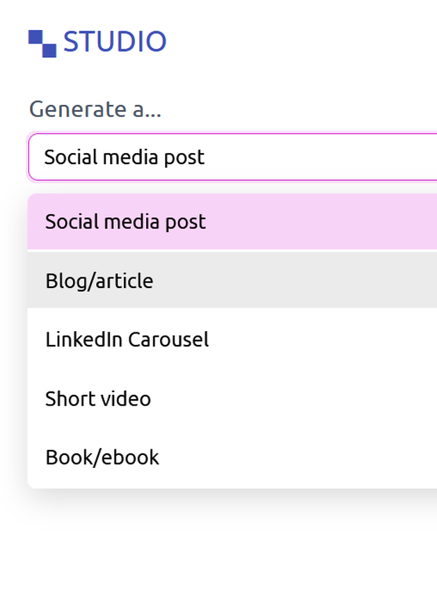 Snapshot of Pulse720 in-app Studio for Instantly Generating Multiple Unique Social Media Posts