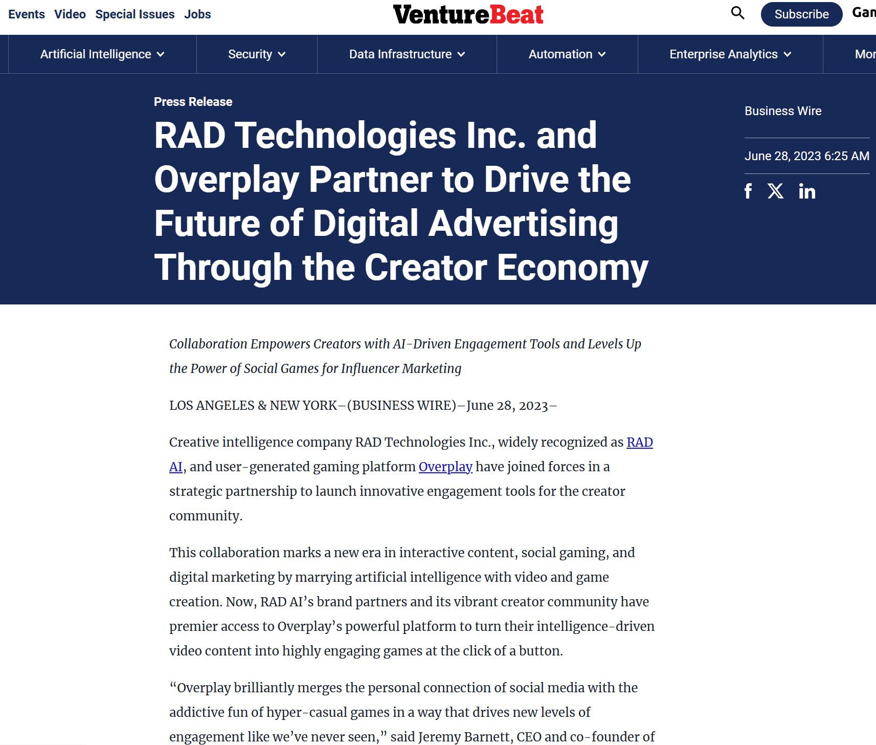 Overplay in Venture Beat