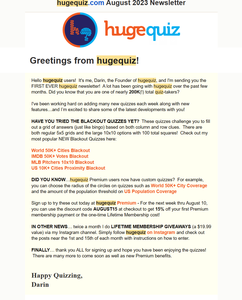 hugequiz newsletter
