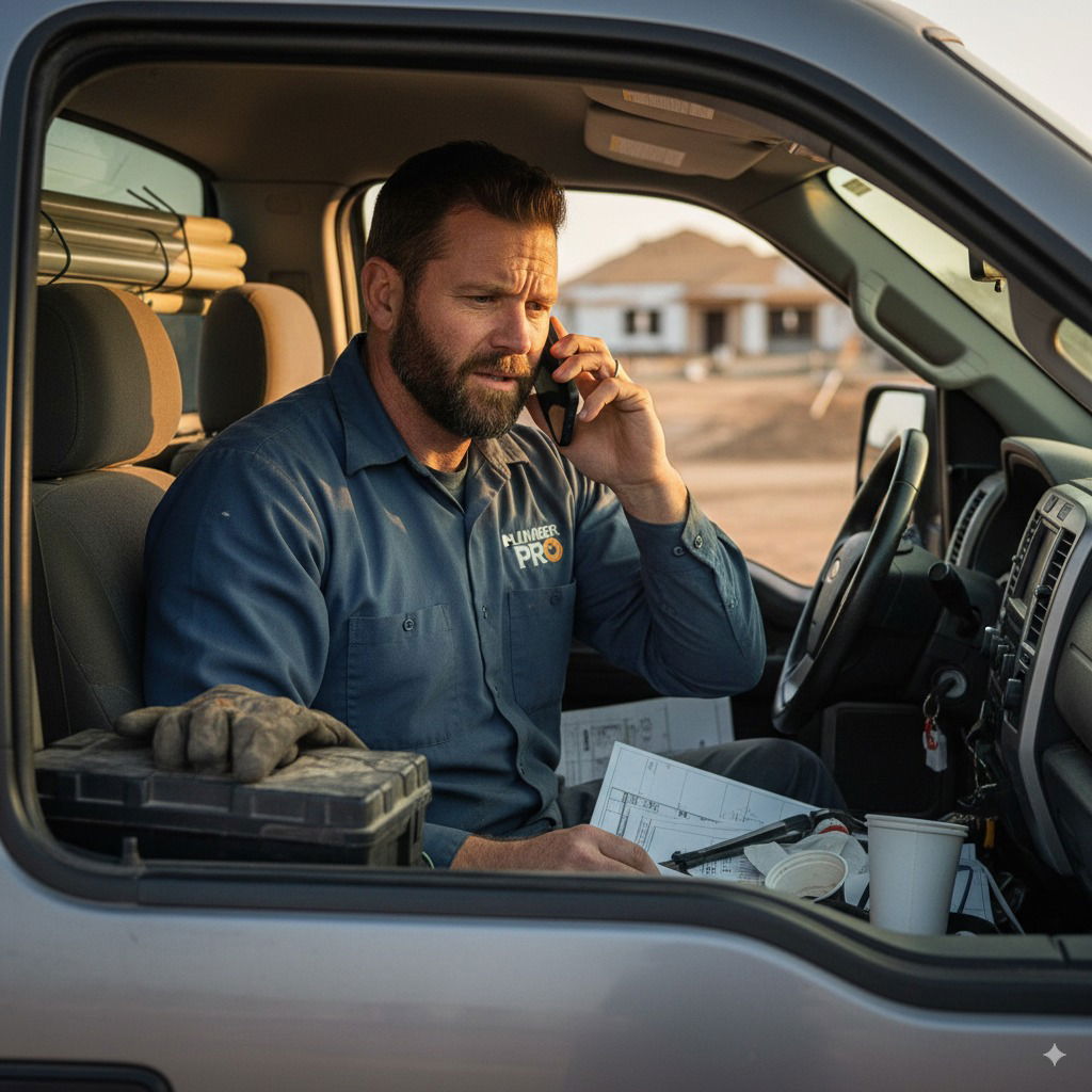 Contractor answering phone in pickup truck