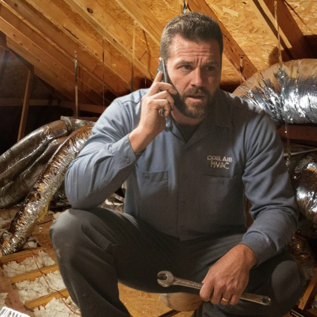 Hvac technician answering phone in a hot attic