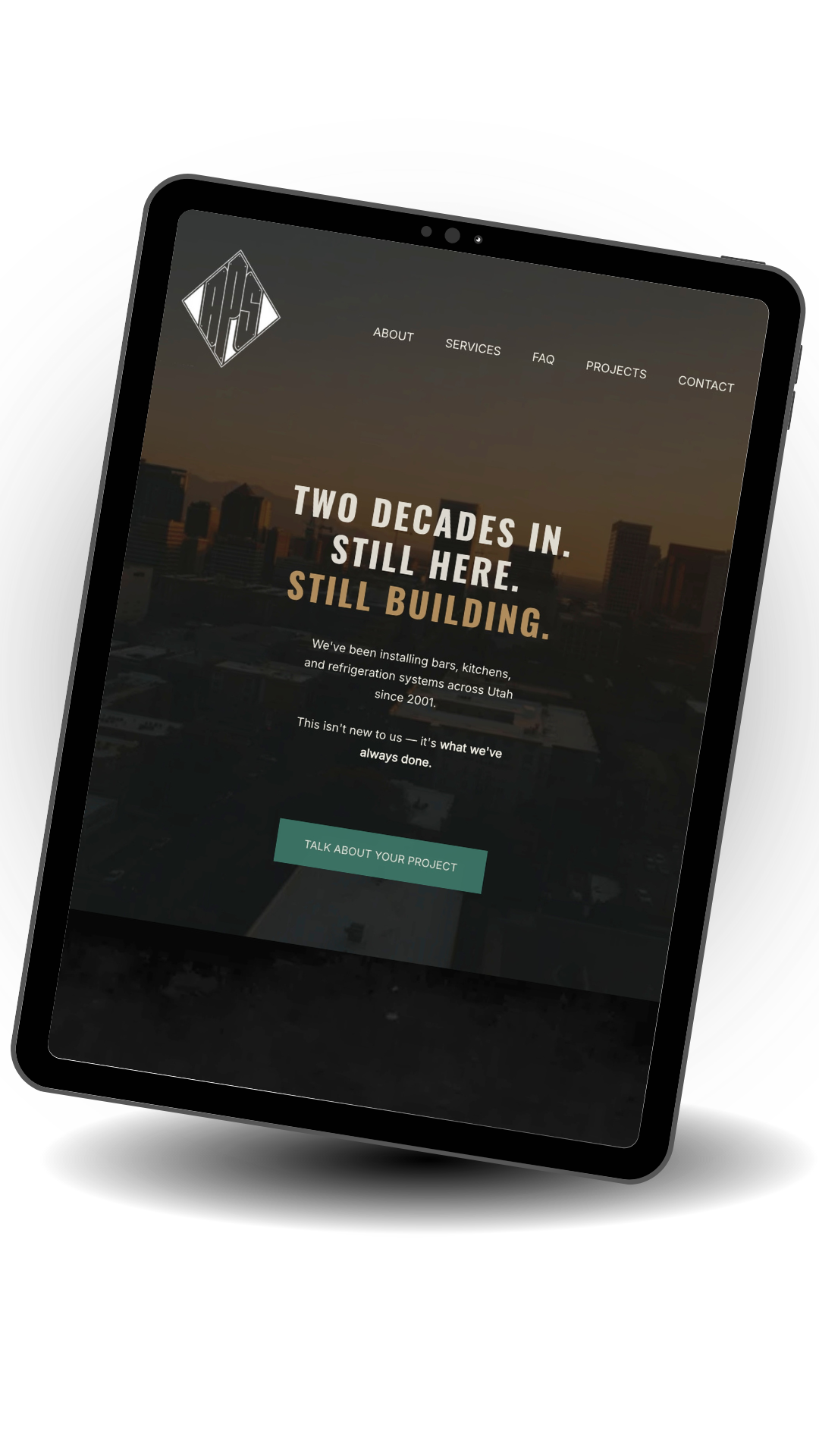 Digital mockup of All Phase Services website displayed on a sleek black tablet with a transparent background,