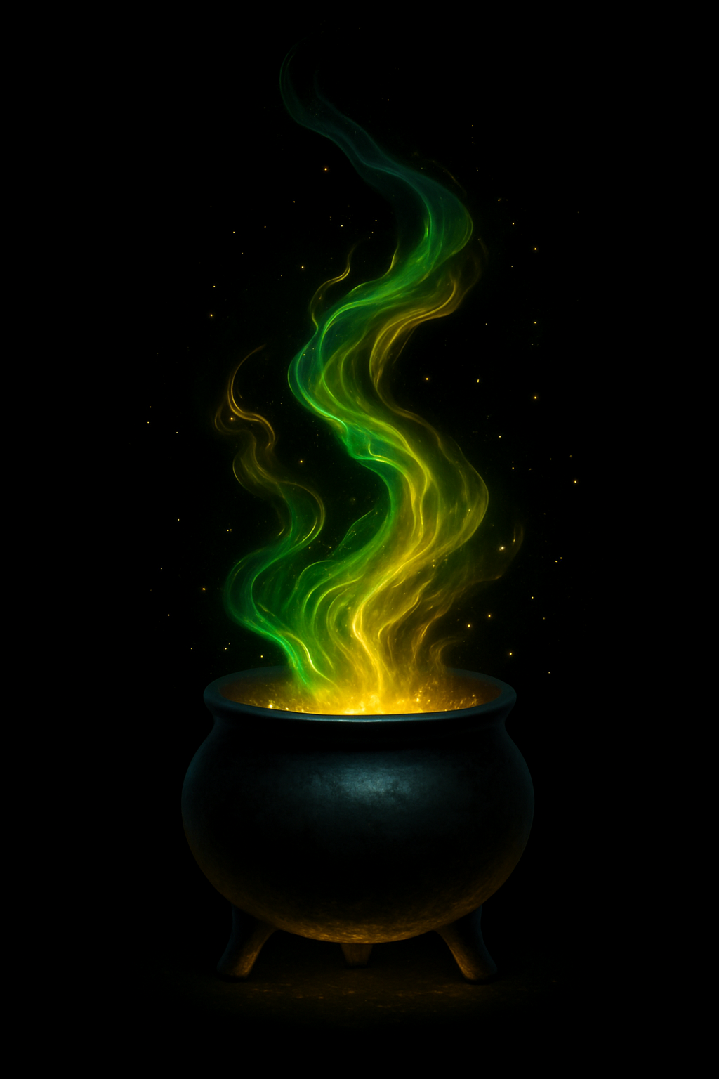 Black Caudron with flames green and yellow fumes coming outo t