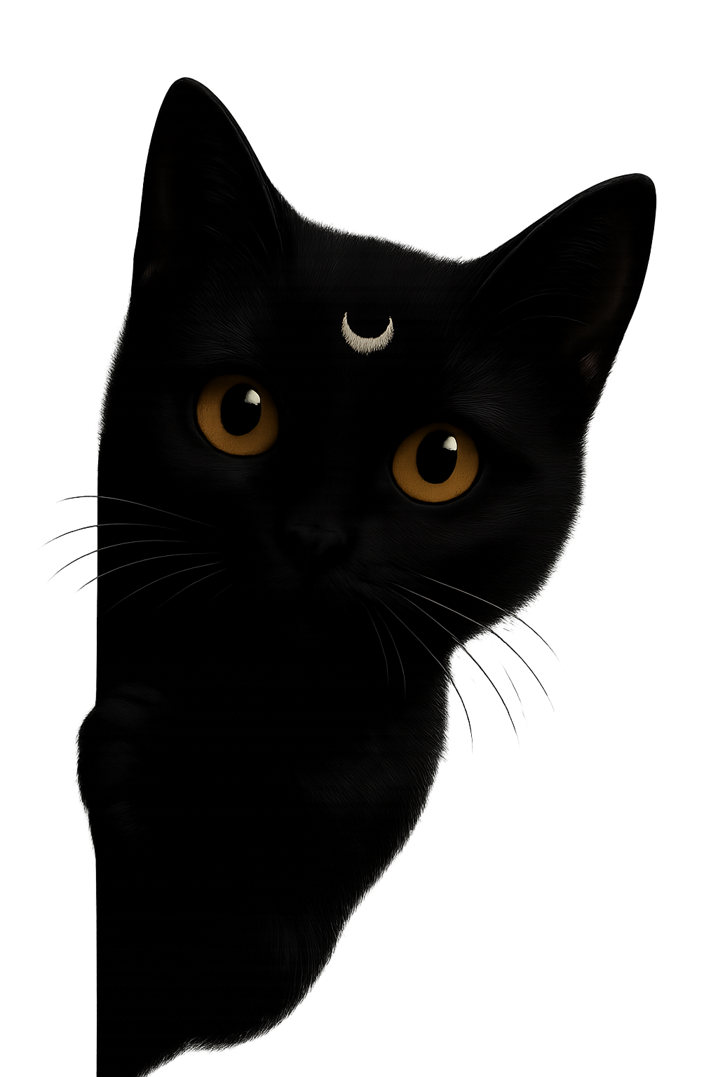 A curious black cat with golden eyes and a small crescent moon on its forehead peeks from the darkness, symbolizing curiosity and calm guidance — the visual muse of Sidler Studios.