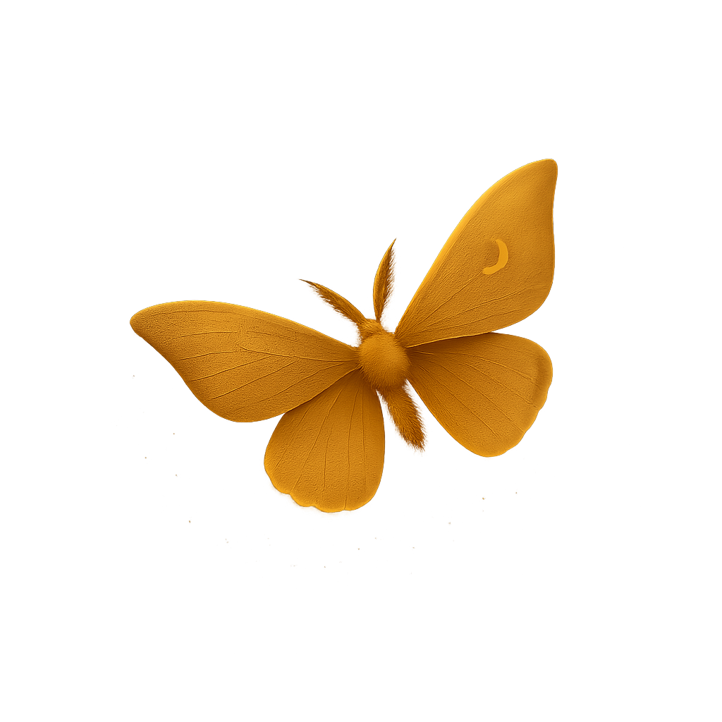 A glowing golden moth in mid-flight with a crescent moon on its wing and a faint trail of sparkles behind it.