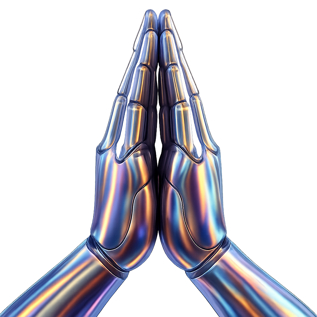 Two iridescent robotic hands pressed together in a prayer-like pose on a black background, symbolizing human-first AI literacy, mindful technology use, and grounded AI coaching.