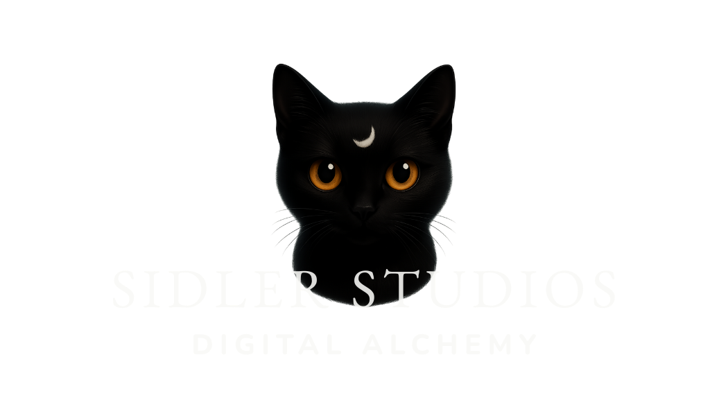Sidler Studios logo featuring a black cat with golden eyes and a white crescent moon on its forehead, centered above the words ‘SIDLER STUDIOS – Digital Alchemy’ on a black background.