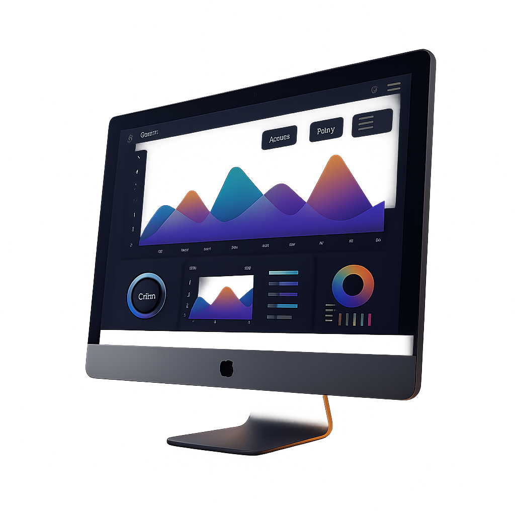 A sleek desktop monitor displaying a glowing neon circle over a dark mountain landscape, representing SEO visibility, search insights, and the clarity gained through a professional SEO audit.