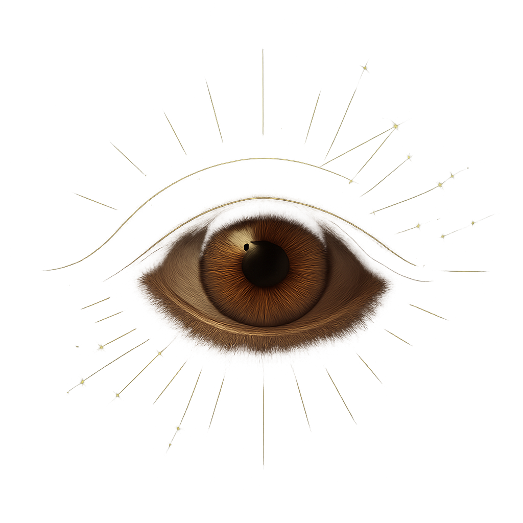 Glowing brown eye surrounded by golden rays.