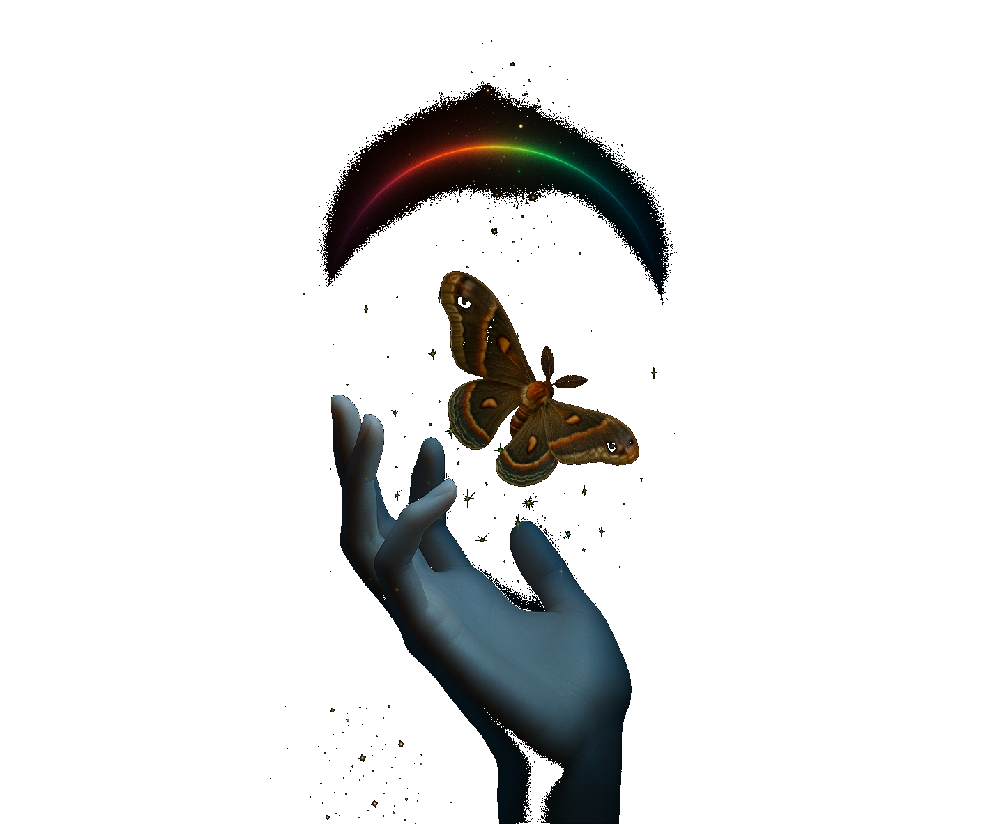 Hand reaching toward moth under rainbow arc.