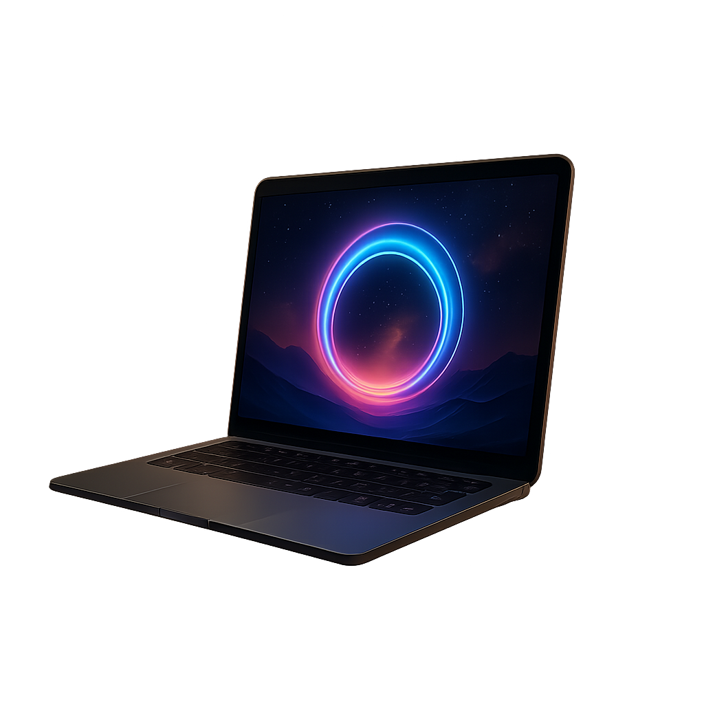 A modern laptop showing a bright blue and pink neon circle against a dark background, representing focused website optimization, technical audits, and strategic digital guidance for small businesses.