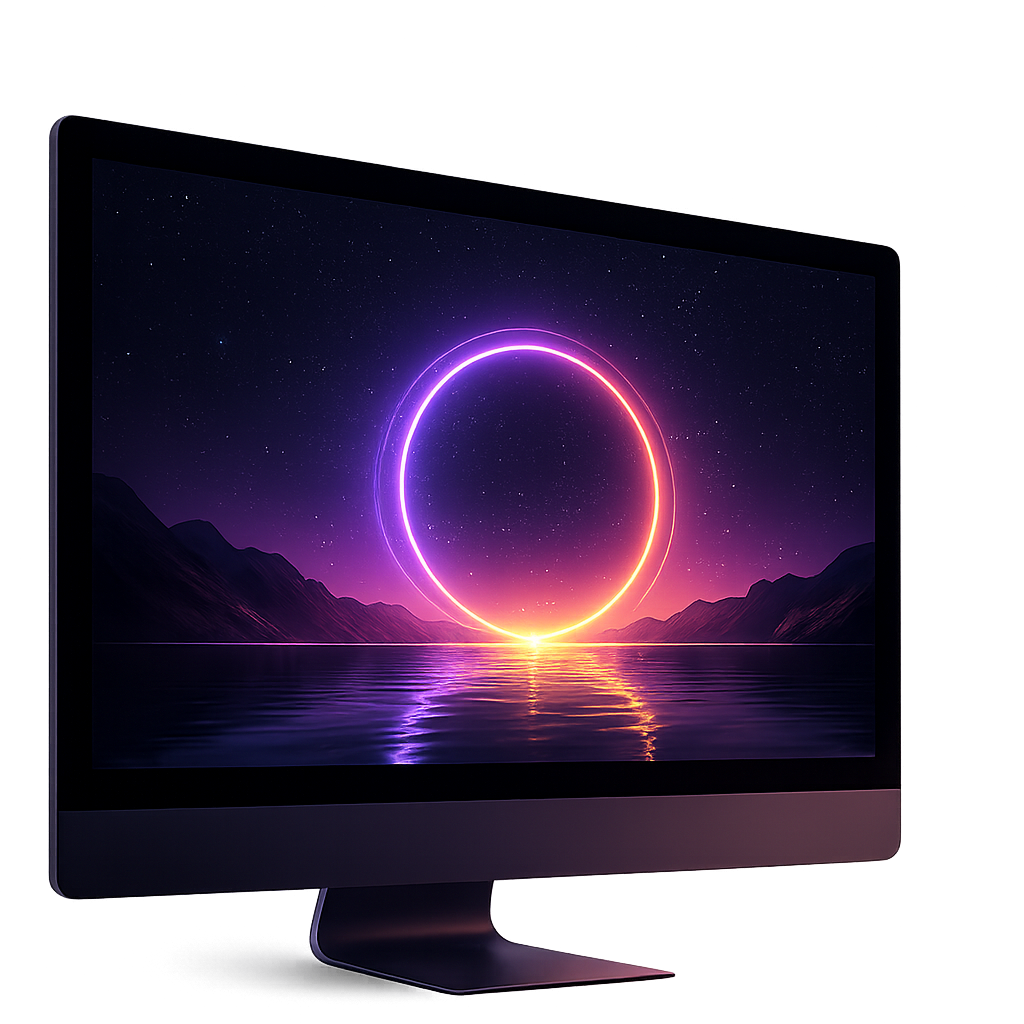 A sleek iMac displaying a glowing neon ring over dark water, symbolizing clarity, alignment, and strategic insight for small business website strategy and audits.