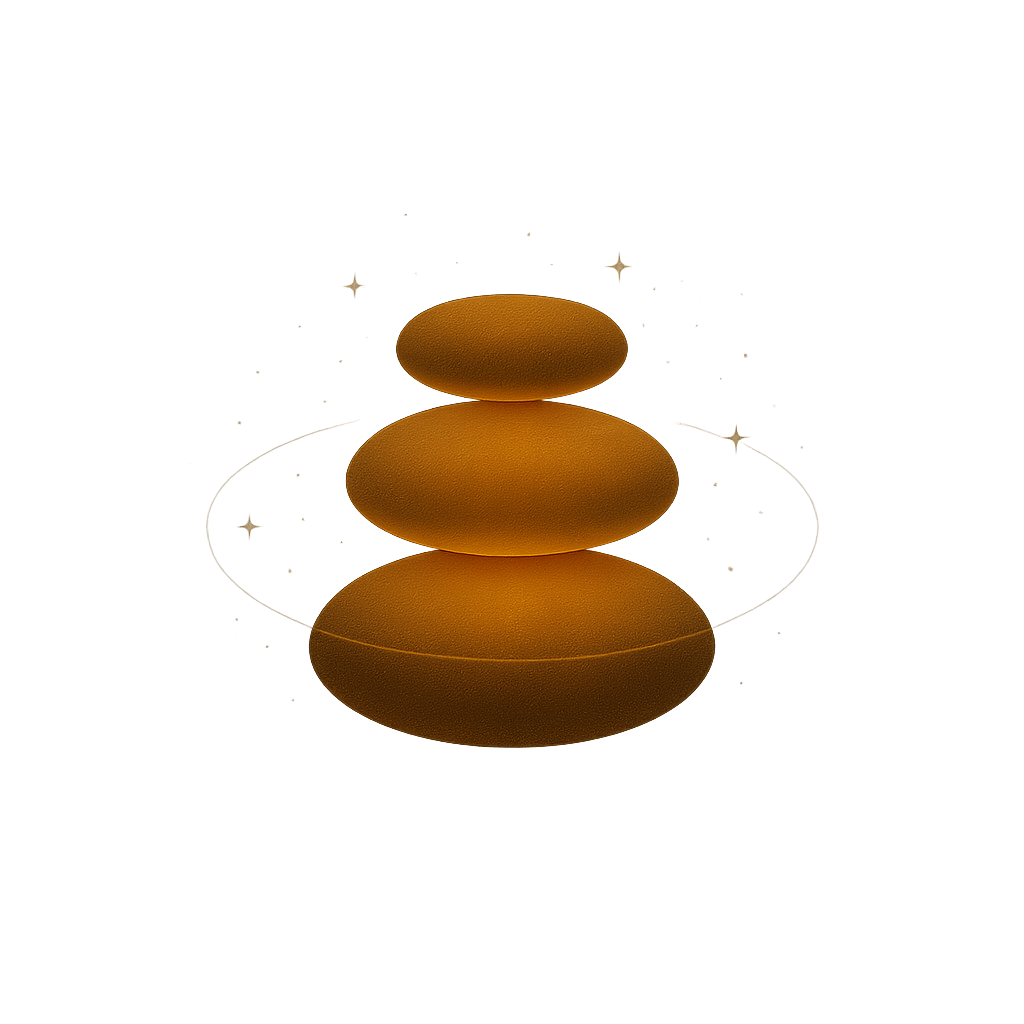 Three smooth, golden stones float in a vertical stack, softly glowing with a ring of faint celestial accents around them.