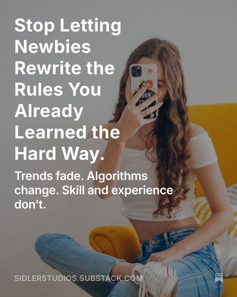 Cover of Substack post titled “I’ve Worked in Tech Since Before Instagram. Here’s What Still Matters.” by Sidler Studios. A hand holding a smarphone with Google's homepage showing..