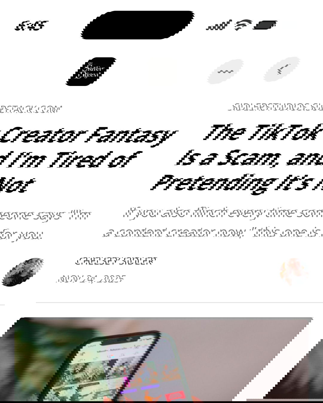 Cover of Substack post titled “The TikTok Creator Fantasy Is a Scam, and I’m Tired of Pretending It’s Not"