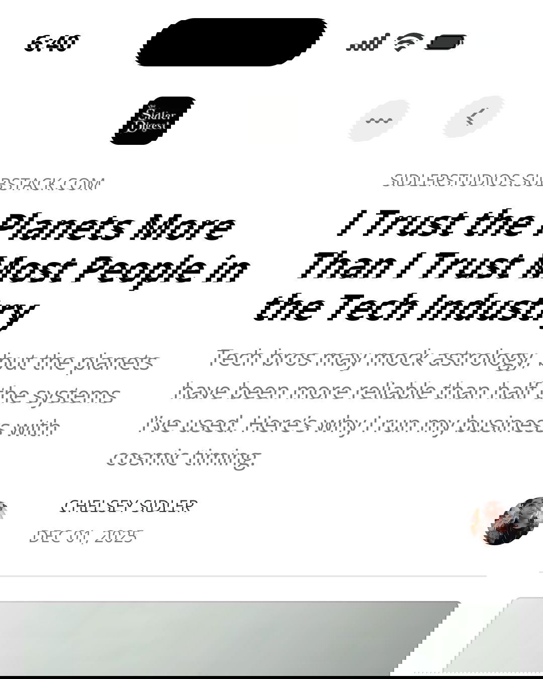 Cover of Substack post titled “I Trust the Planets More Than I Trust Most People in the Tech Industry"
