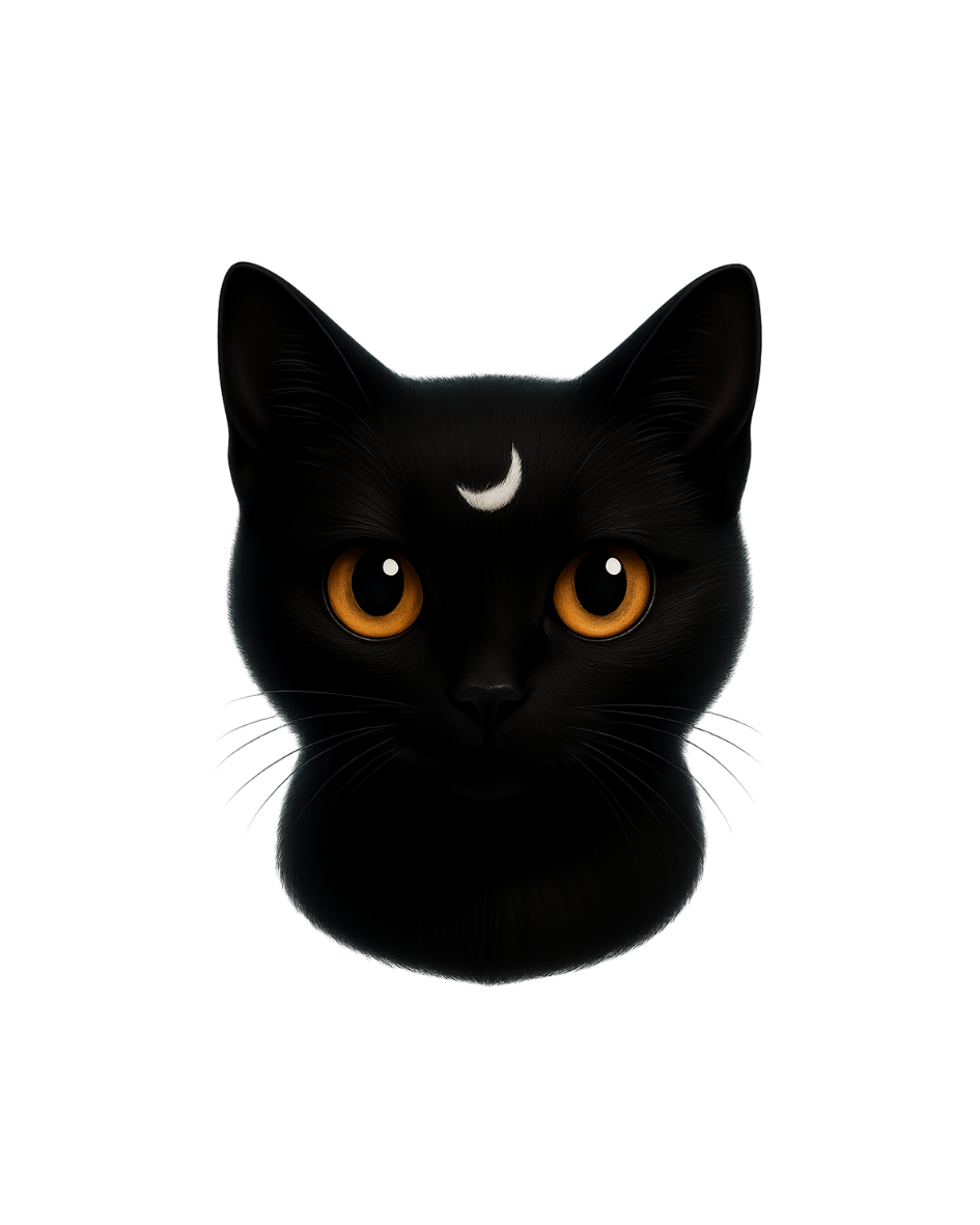 Black cat with golden eyes and a white crescent moon marking, facing forward.