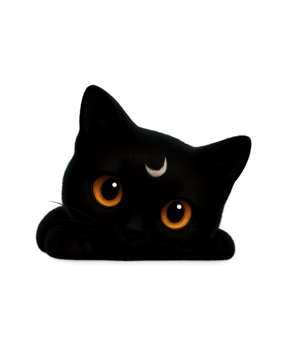 Elegant black cat sitting and looking up, crescent moon marking on forehead.