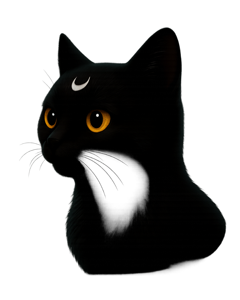 Black cat with golden eyes and a white crescent moon marking, facing forward.