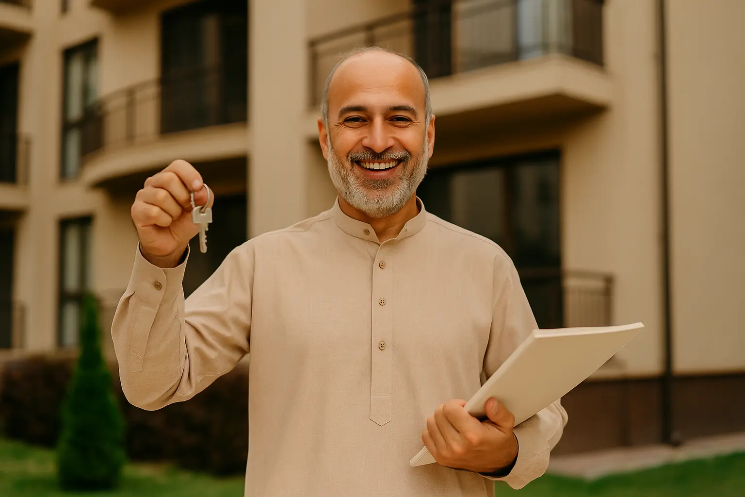 alt="Agent handing keys to a happy homeowner in Pakistan"