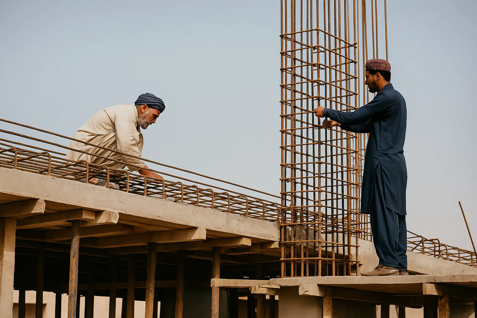 alt="Workers and supervisor on a construction site in Pakistan"