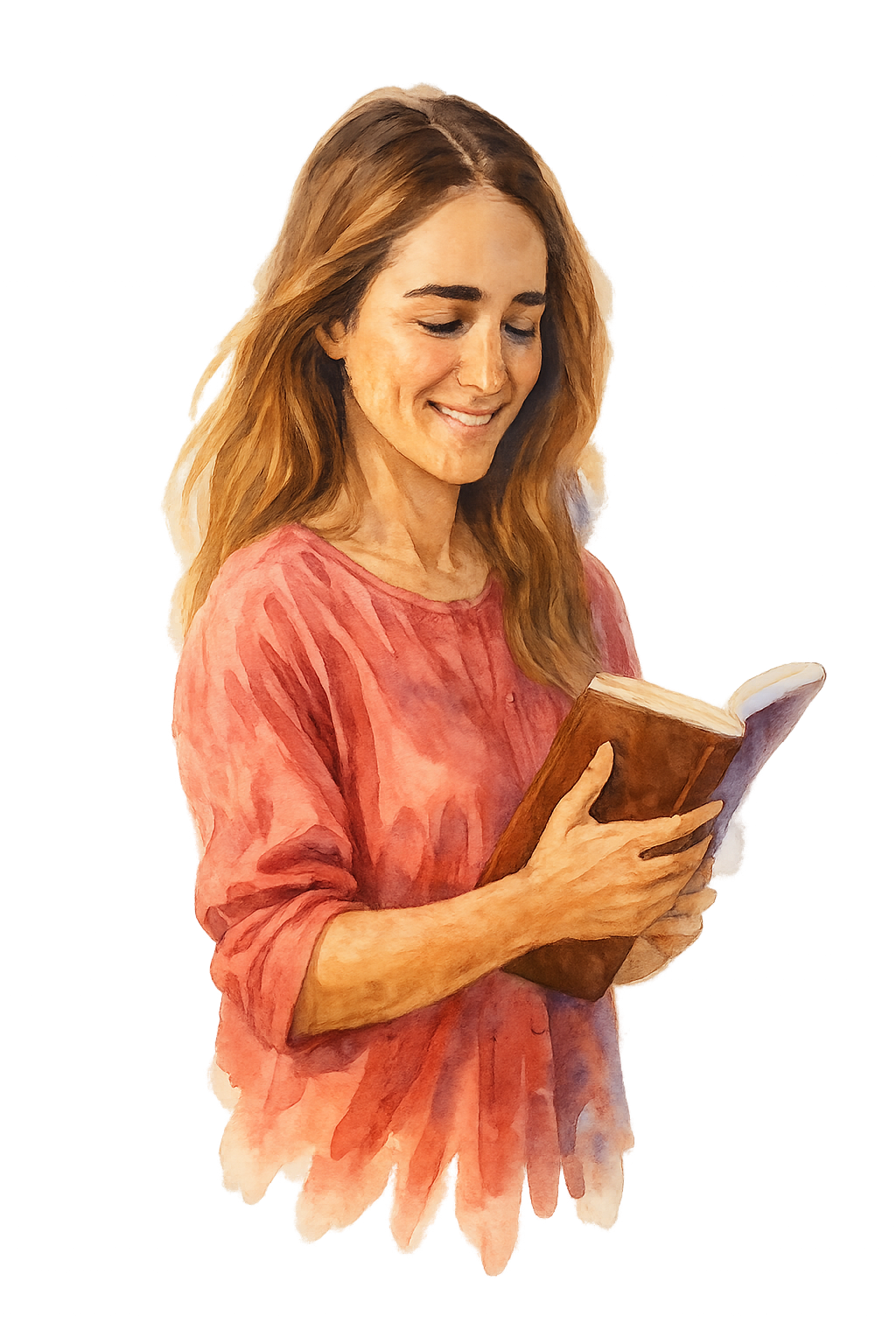 Ilustración de acuarela que muestra a María leyendo un libro