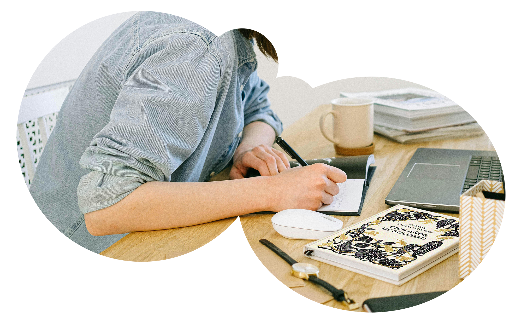 Fotomontaje mostrando a María escribiendo en una libreta con su libro preferido al lado