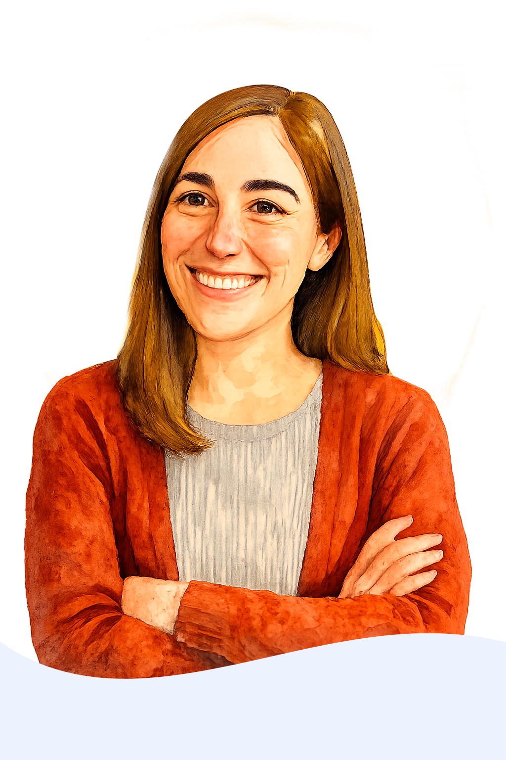 Ilustración de María, con chaqueta roja, sonriente y con los brazos cruzados