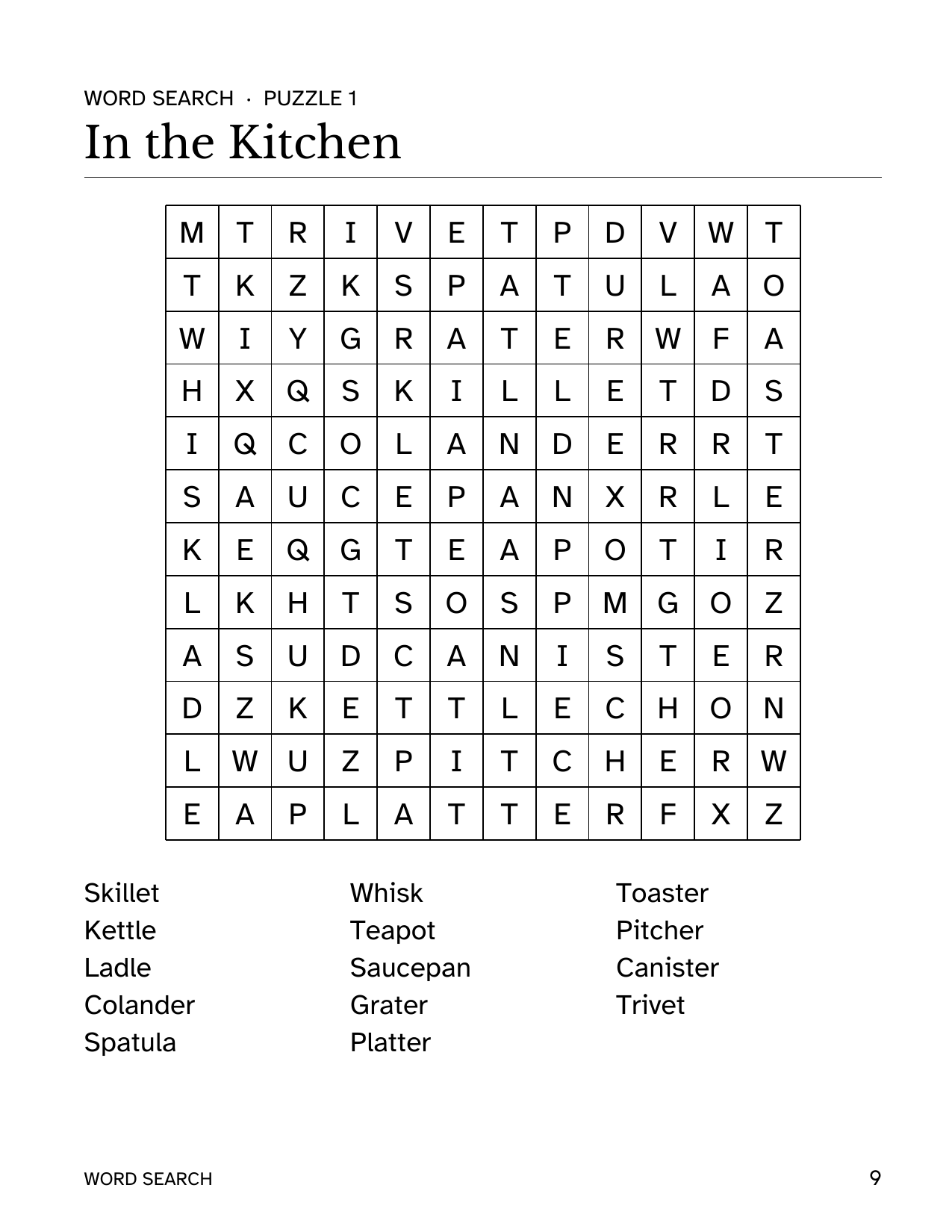 Large-print word-search page titled In the Kitchen