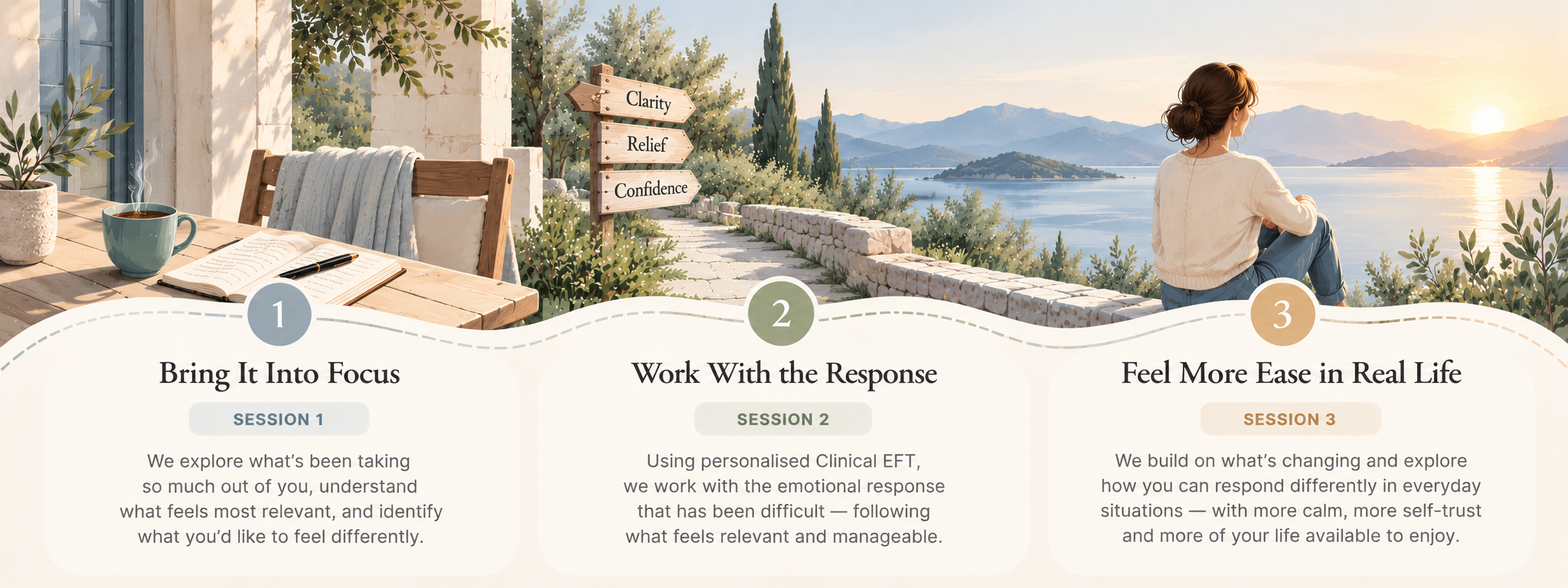 Three-step illustrated Focused EFT journey: Bring It Into Focus, Work With the Response, and Feel More Ease in Real Life.