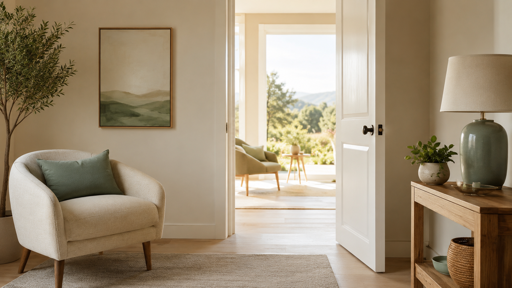 A warm, light-filled room with an open doorway, an armchair and a view of greenery.