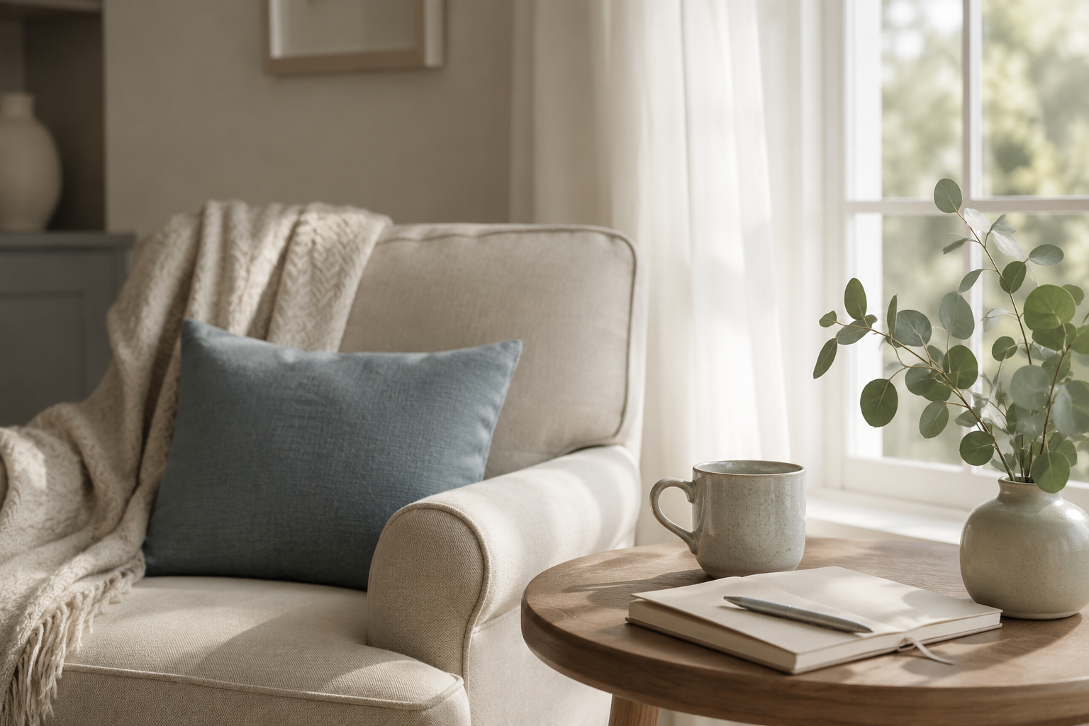 A peaceful reading nook with warm light and a cup of tea.