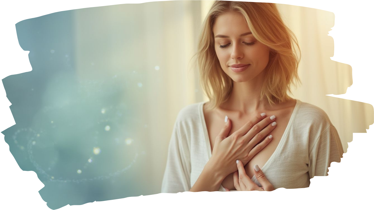 A woman with shoulder-length blonde hair stands indoors with her eyes closed, gently placing both hands over her chest, appearing calm and content in soft, natural light.