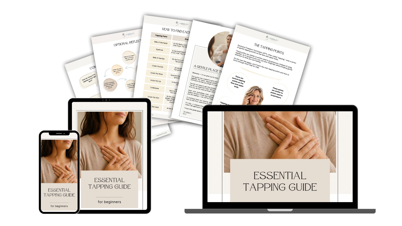Essential EFT Tapping Guide shown across digital devices with sample pages