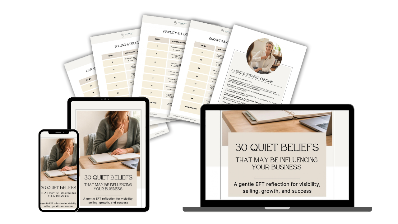 30 Quiet Beliefs That May Be Influencing Your Business with sample pages displayed across digital devices