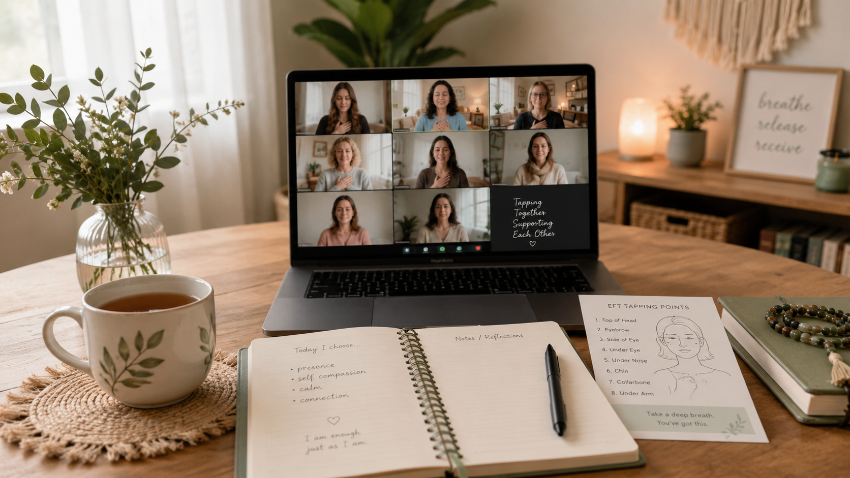 A calm home desk with a laptop, notebook, tea, and EFT tapping notes, suggesting a gentle online EFT Tapping Circle