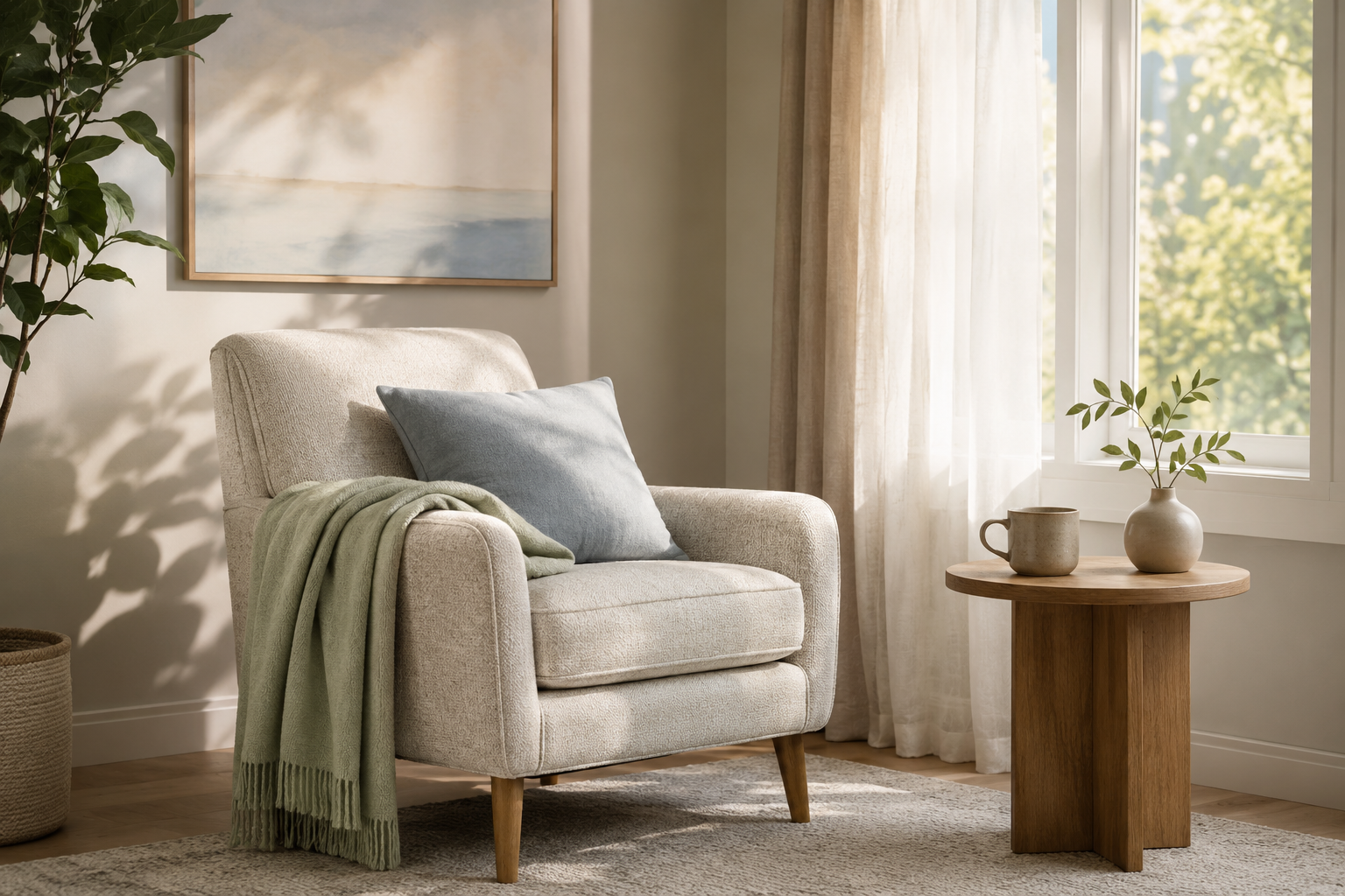 A sunlit armchair with a sage-green throw beside a window.