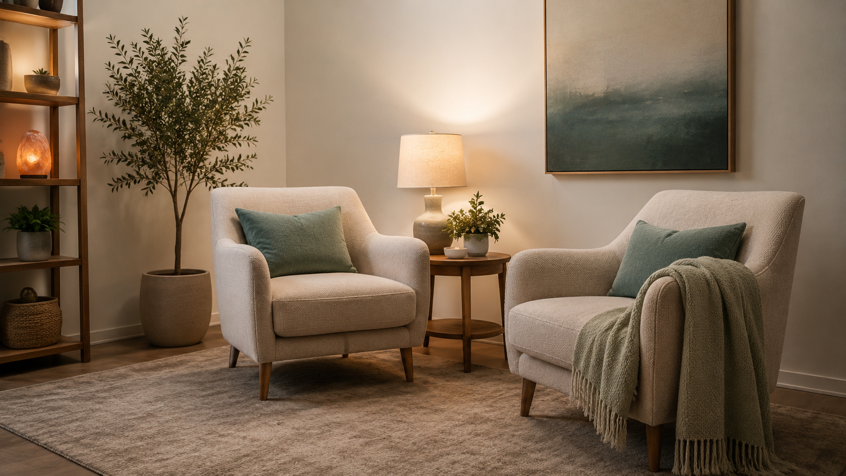 Two comfortable armchairs in a peaceful private coaching setting.