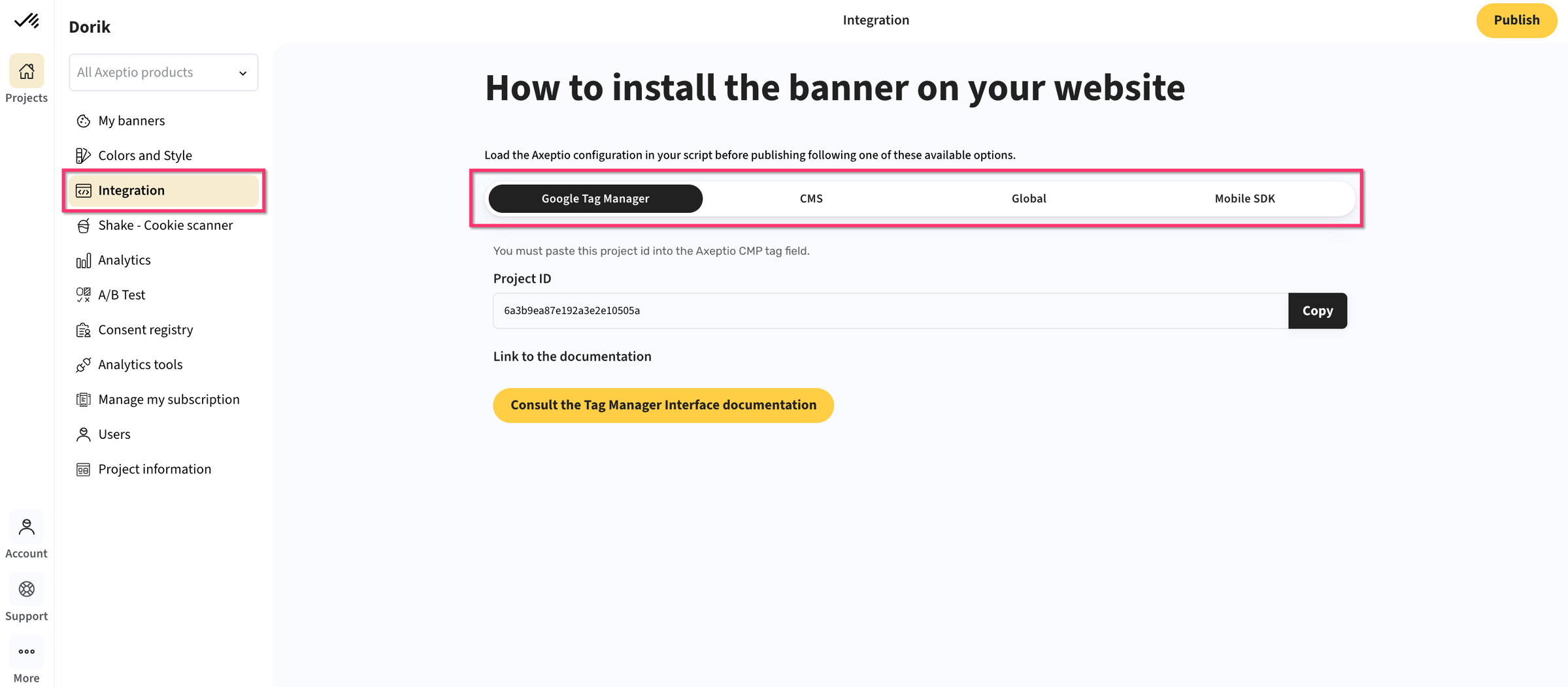 Axeptio banner integration page