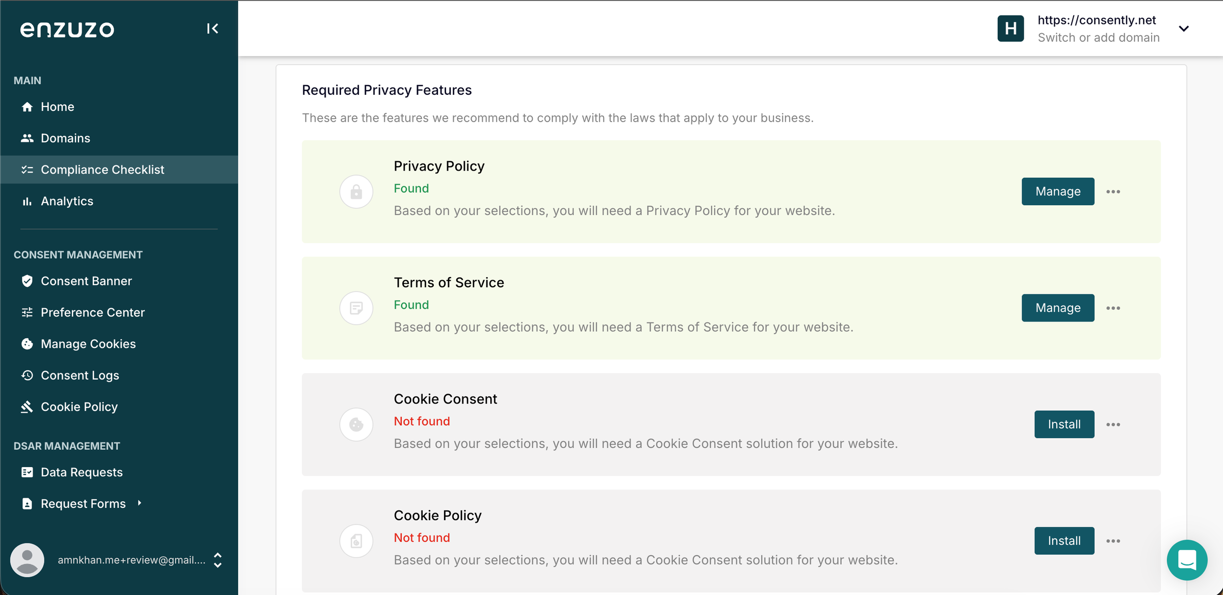 Enzuzo recommended feature set
