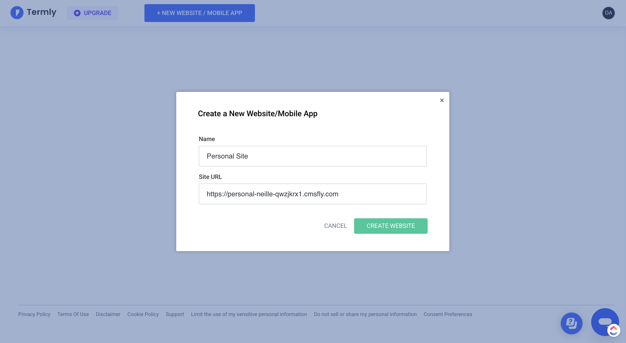 Create a new website by entering your site name and generated URL in the Termly dashboard
