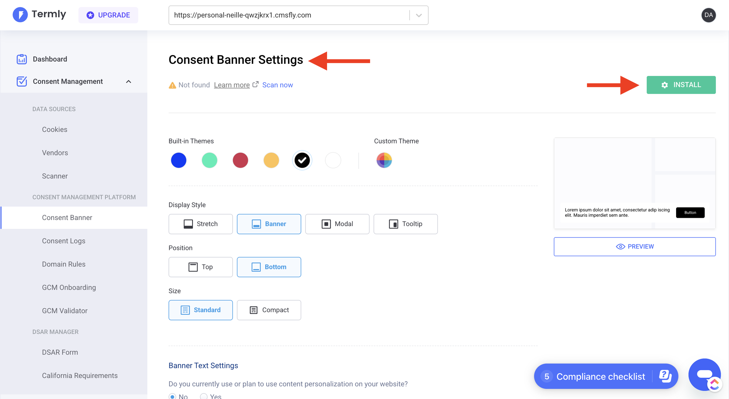 Customize your consent banner settings and click Install to deploy the banner on your website.