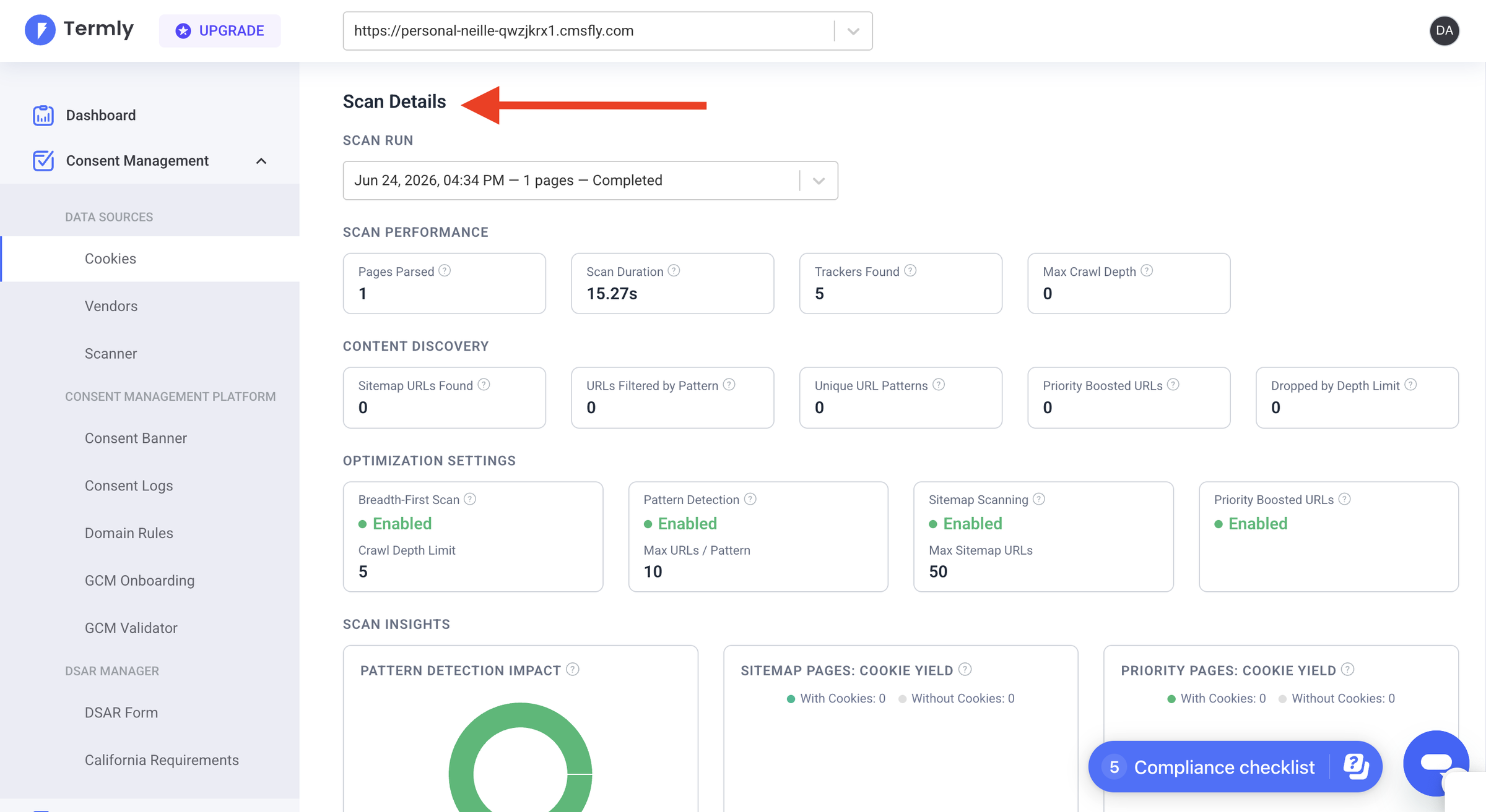 Review scanner results and cookie scan details to identify cookies, trackers, and site activity
